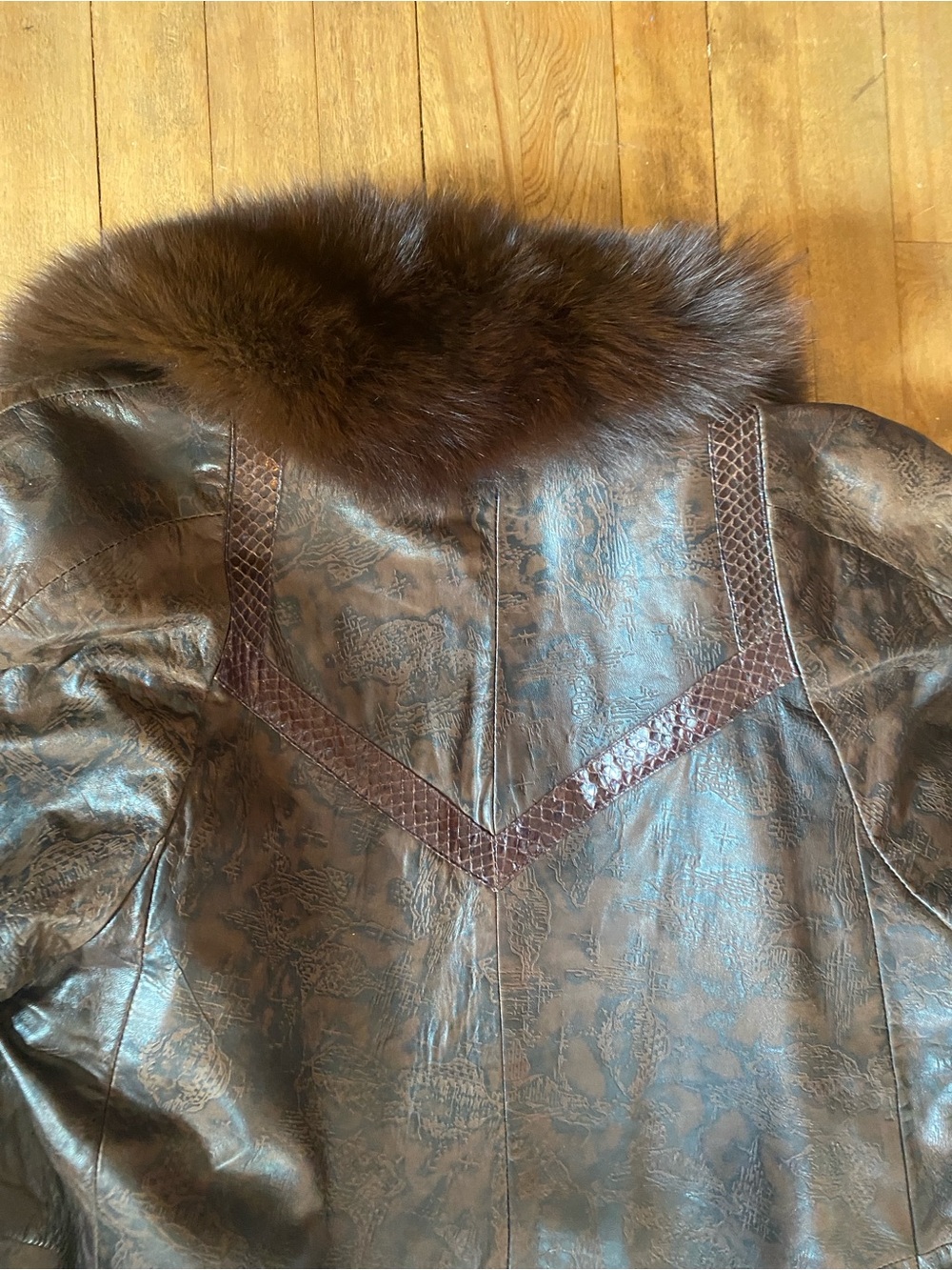 VTG Ottimo Leather Trench Coat Fox Fur Tuxedo Collar Exotic Snakeskin Inlay LG - Picture 9 of 11